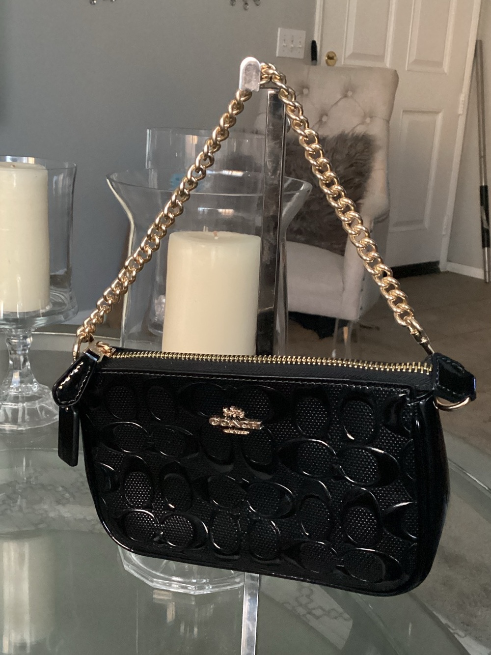 Coach Black Patent Leather Mini Shoulder Bag with Gold Chain